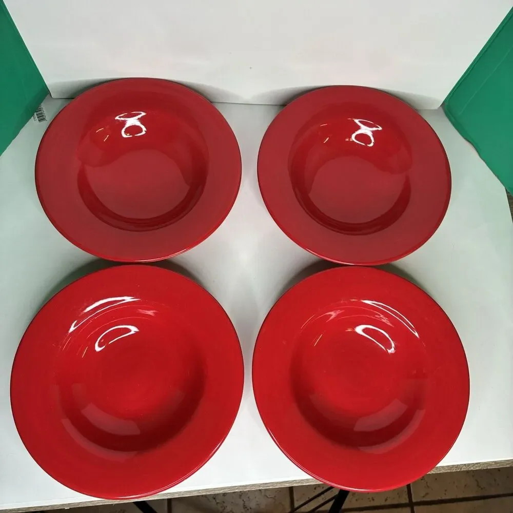 Pottery Barn Rimmed 10 1/4 In Pasta Soup Bowls Sausalito Cherry Red Set Of 4